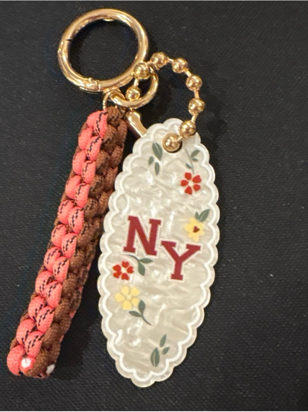 NY Floral Acrylic Keychain with Braided Strap - Pink & Brown